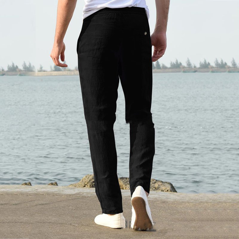 Summer New Linen Casual Casual Pants Casual Loose Pure Color Tether Elastic Waist Men's Casual Casual Pants