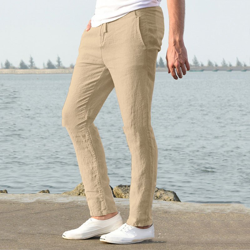 Summer New Linen Casual Casual Pants Casual Loose Pure Color Tether Elastic Waist Men's Casual Casual Pants