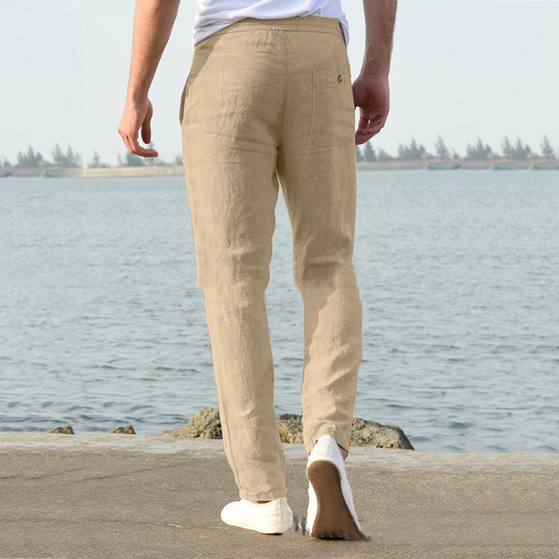 Summer New Linen Casual Casual Pants Casual Loose Pure Color Tether Elastic Waist Men's Casual Casual Pants