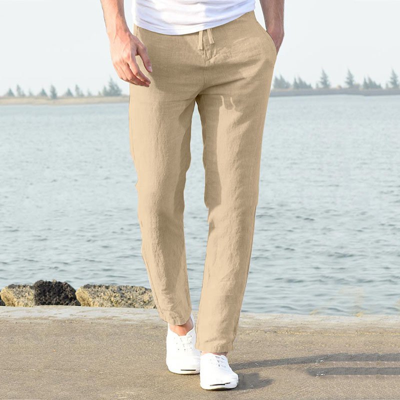 Summer New Linen Casual Casual Pants Casual Loose Pure Color Tether Elastic Waist Men's Casual Casual Pants