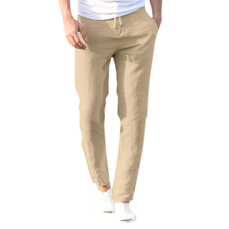 Summer New Linen Casual Casual Pants Casual Loose Pure Color Tether Elastic Waist Men's Casual Casual Pants