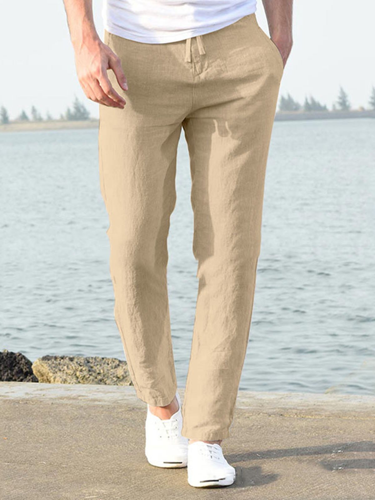 Summer New Linen Casual Casual Pants Casual Loose Pure Color Tether Elastic Waist Men's Casual Casual Pants