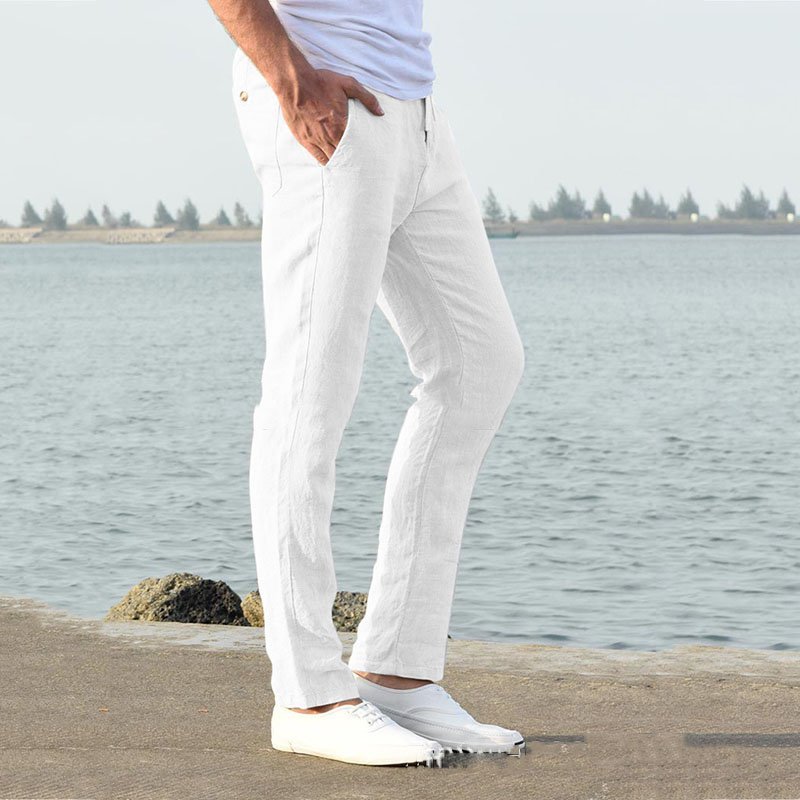 Summer New Linen Casual Casual Pants Casual Loose Pure Color Tether Elastic Waist Men's Casual Casual Pants