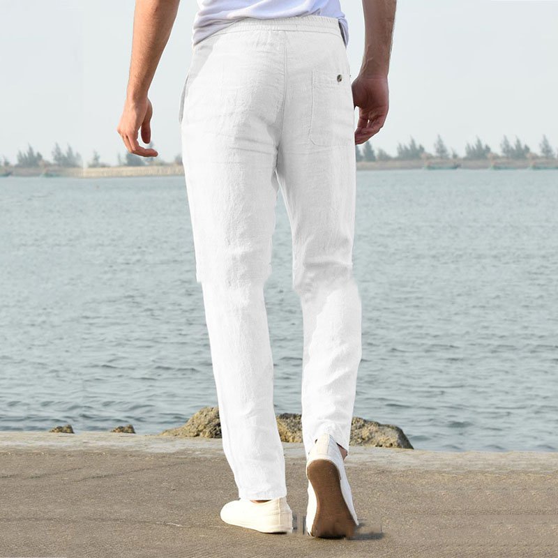 Summer New Linen Casual Casual Pants Casual Loose Pure Color Tether Elastic Waist Men's Casual Casual Pants