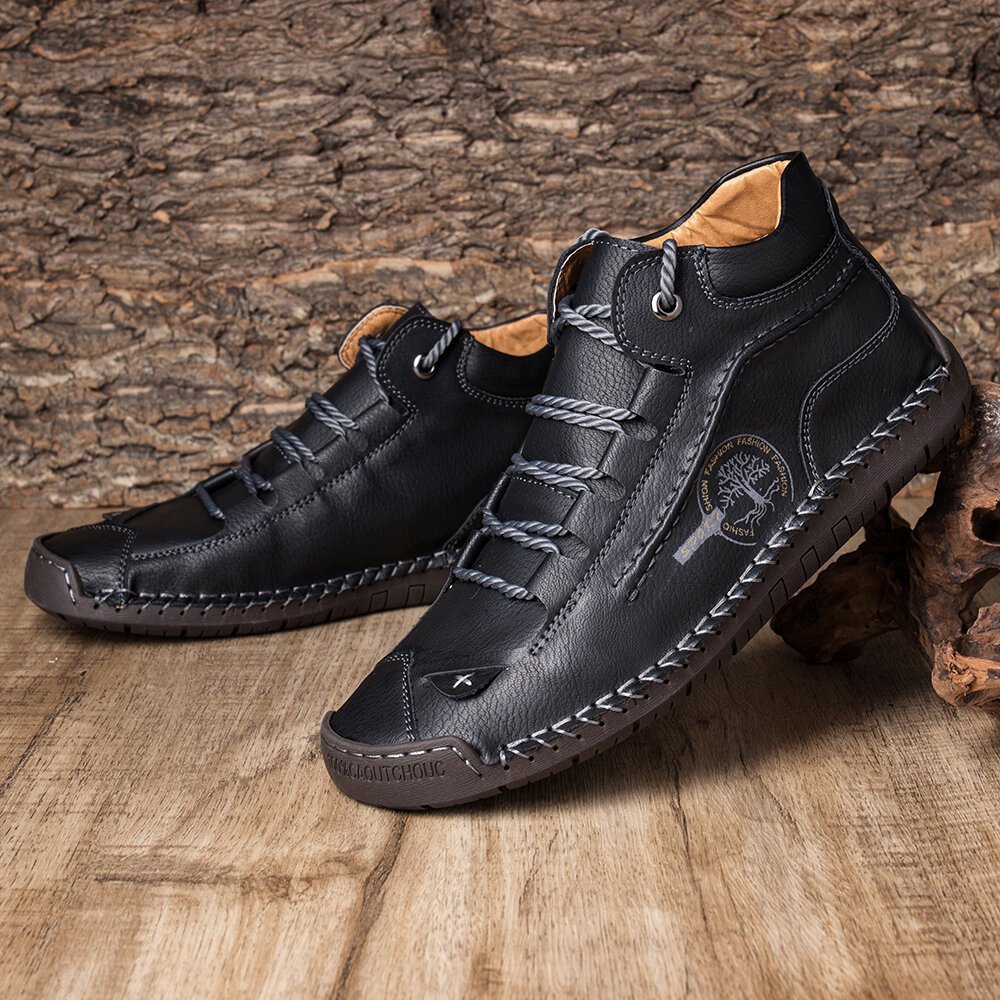 Men Hand Stitching Leather Non Slip Comfy Lace Up Ankle Boots