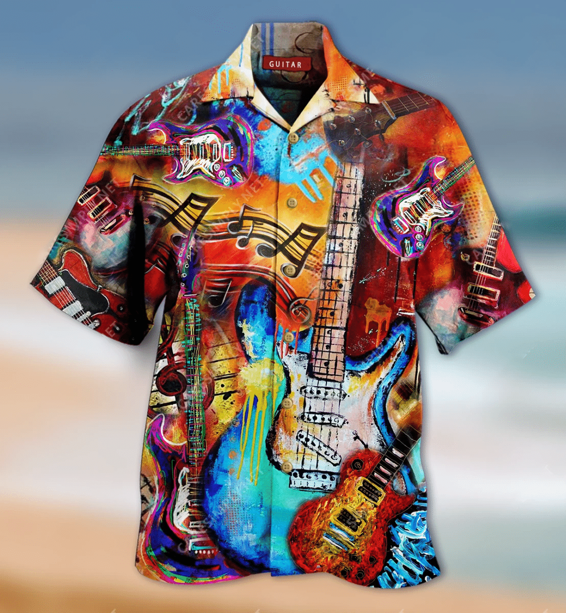 Men's Vintage Hawaiian Music Guiter Prined Shirt Party Aloha Beach Shirt & Top