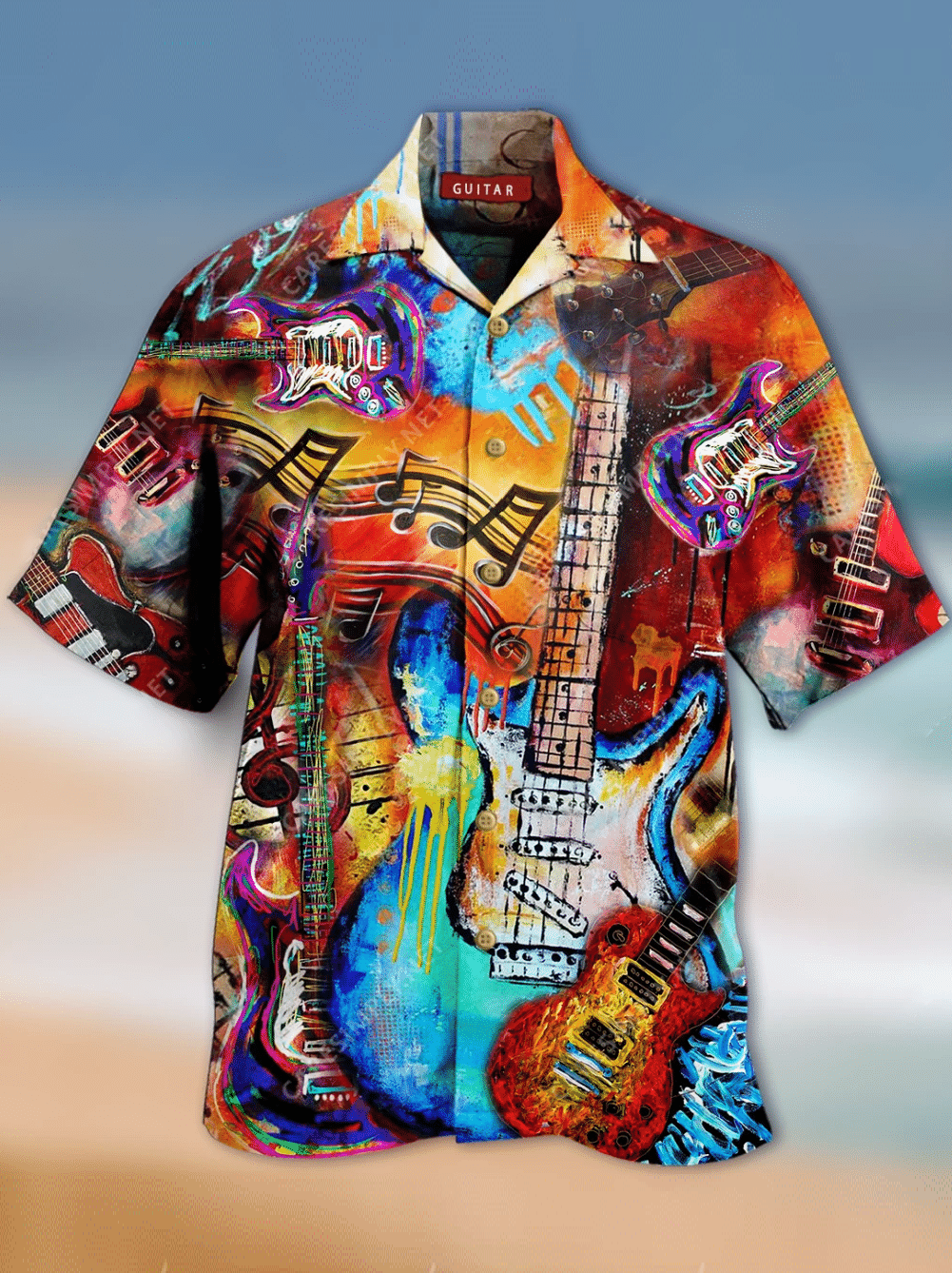 Men's Vintage Hawaiian Music Guiter Prined Shirt Party Aloha Beach Shirt & Top