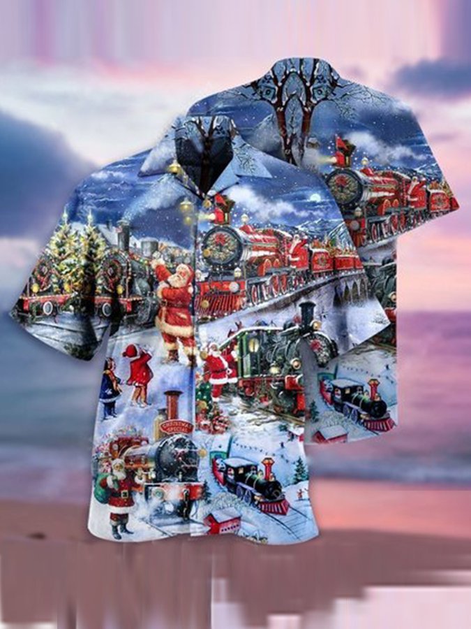 Christmas Train Shirts Men's Santa Claus Shirts Festival Short Sleeve Tops