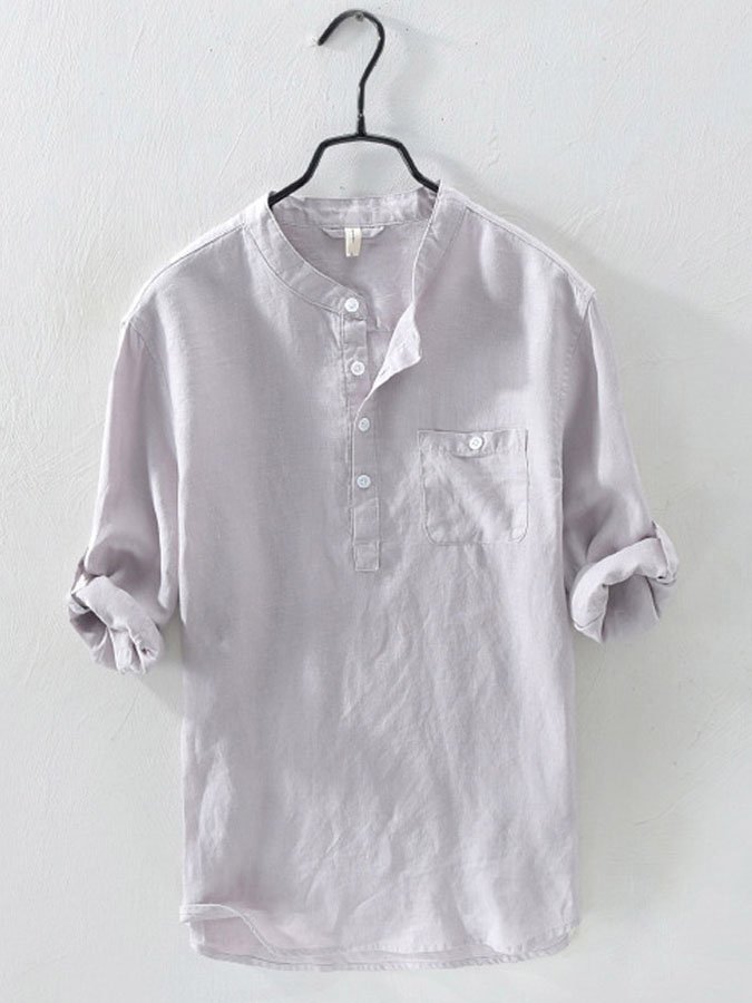 Men's casual linen white long sleeve shirt