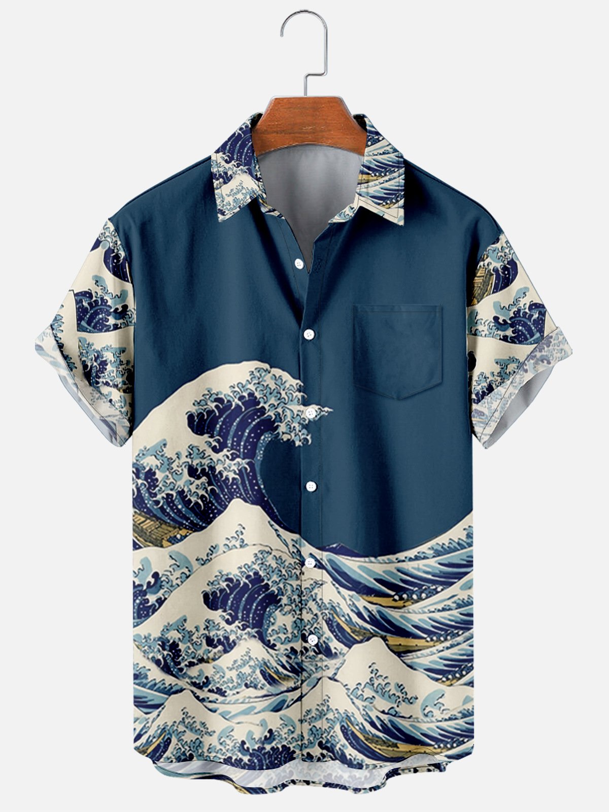 Mens Japanese Ukiyoe Print Round Hem Loose Short Sleeve Hawaiian Shirts