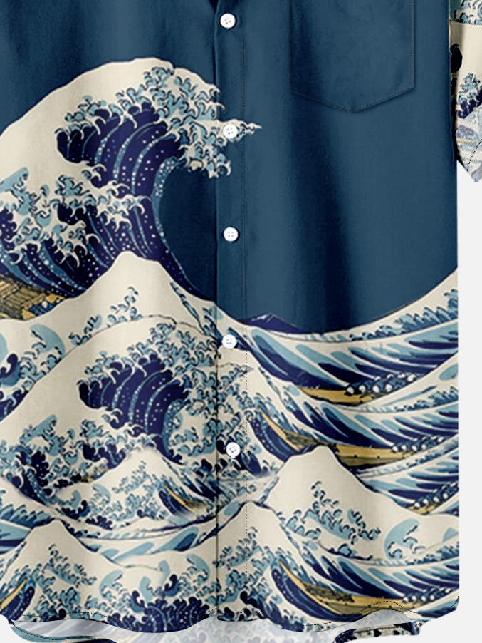 Mens Japanese Ukiyoe Print Round Hem Loose Short Sleeve Hawaiian Shirts