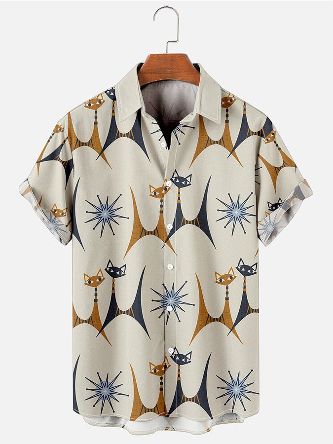 Men's Cat Geometric Printed Casual Vintage Shirts & Tops