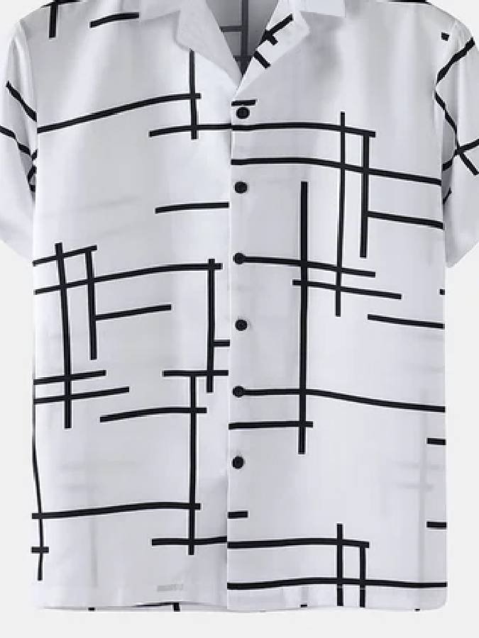 Men's shirt white cotton irregular lines plain loose thin short sleeves