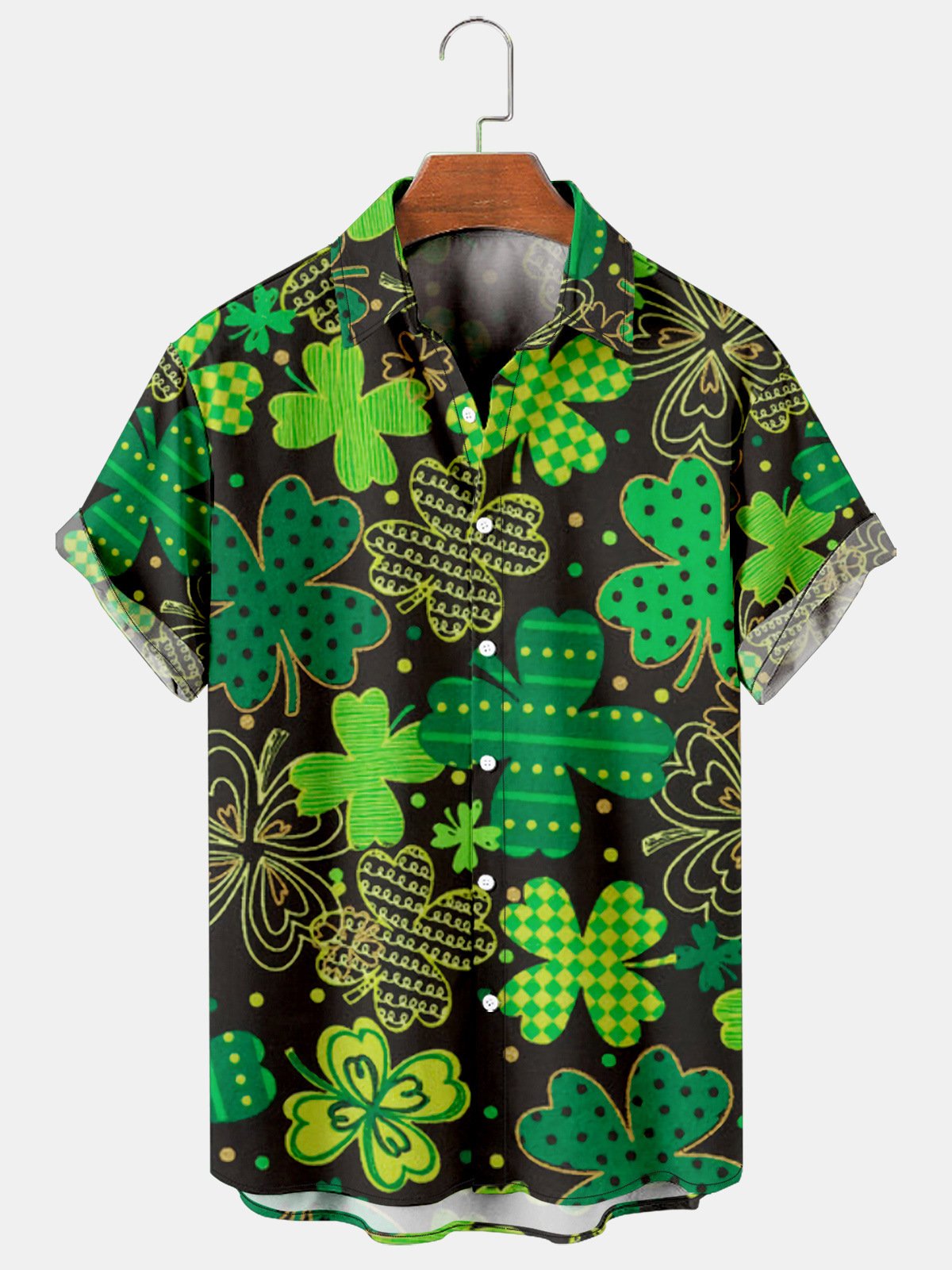 Mens St Patrick's Day Shamrock Print Casual Breathable Short Sleeve Hawaiian Shirts