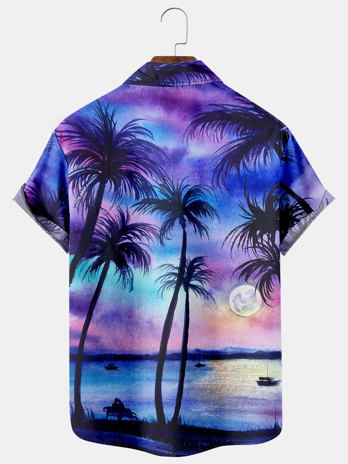 Mens Coconut Tree Sunset Print Casual Breathable Chest Pocket Short Sleeve Hawaiian Shirts