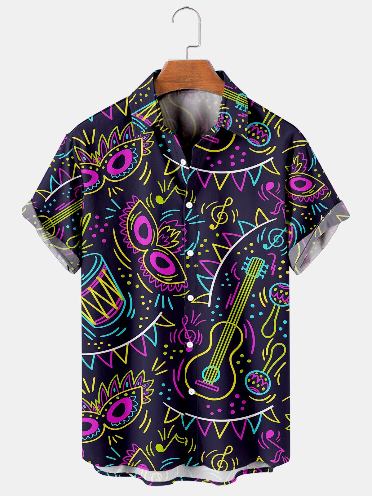 Mens Mardi Gras Carnival Masks & Music Print Casual Breathable Short Sleeve Hawaiian Shirts