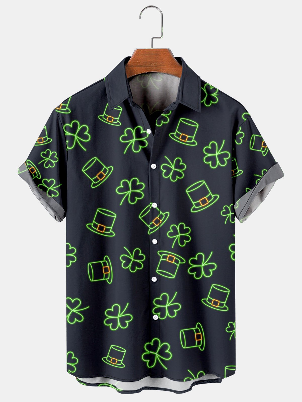 Mens St Patrick’s Day Shamrock Print Casual Breathable Short Sleeve Hawaiian Shirts