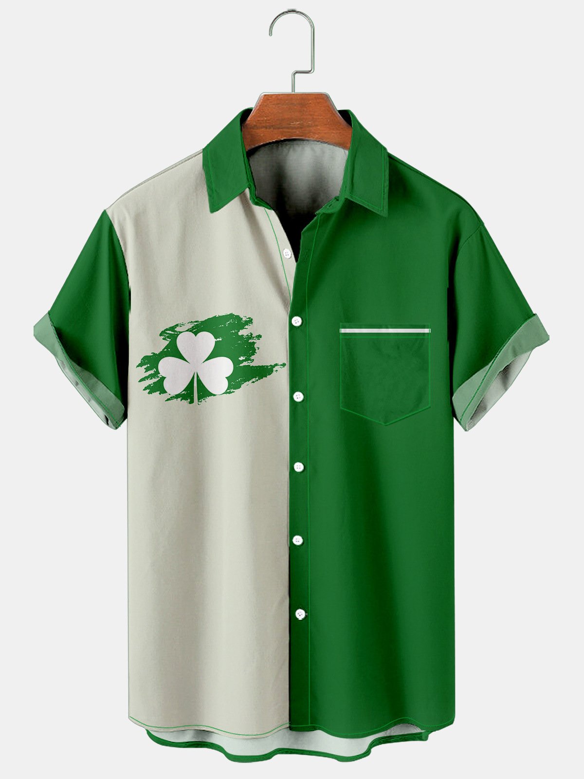 Mens St Patrick’s Day Shamrock Print Casual Breathable Short Sleeve Hawaiian Shirts