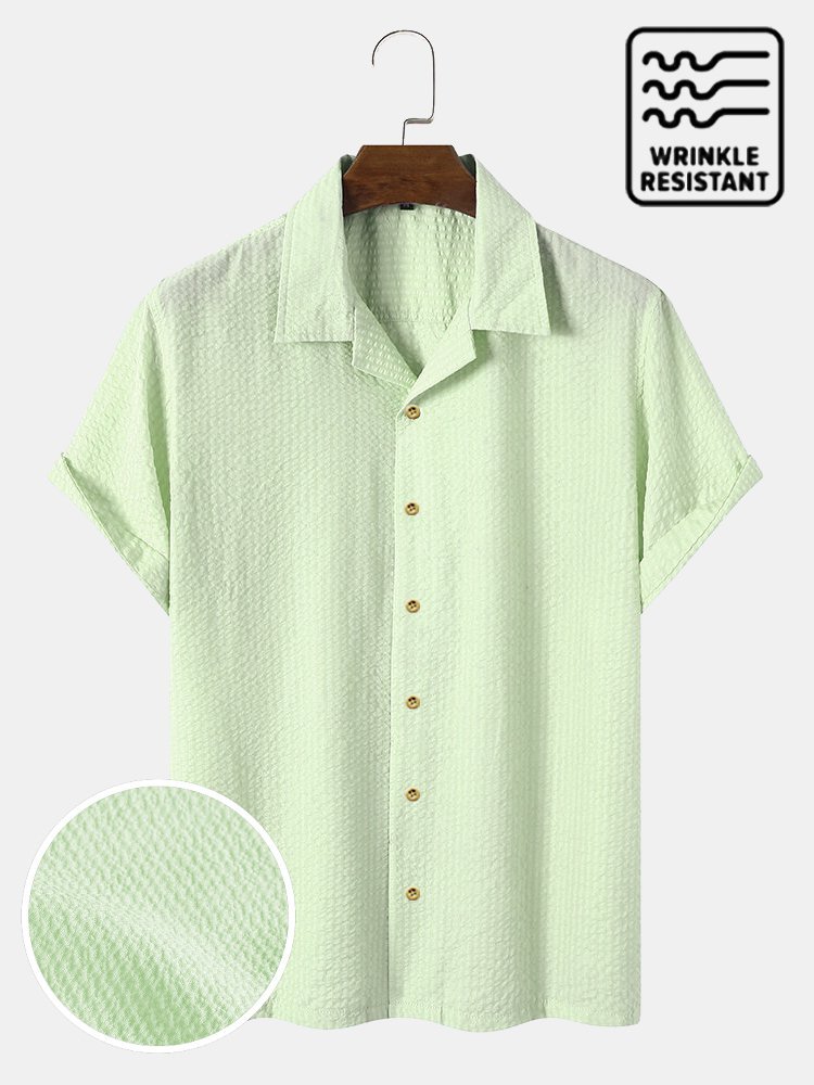 Men's Plain Seersucker Wrinkle Free Casual Shirts Multicolor Basic Tops
