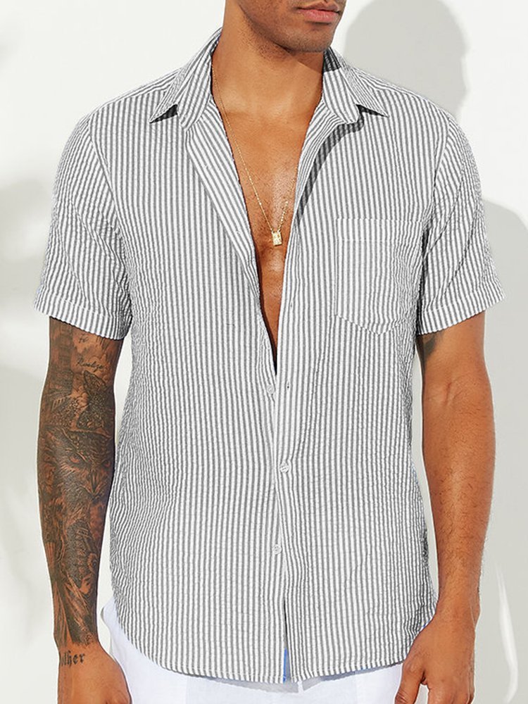 Men's Wrinkle Free Seersucker Multicolor Striped Shirts Plus Size Casual Shirts