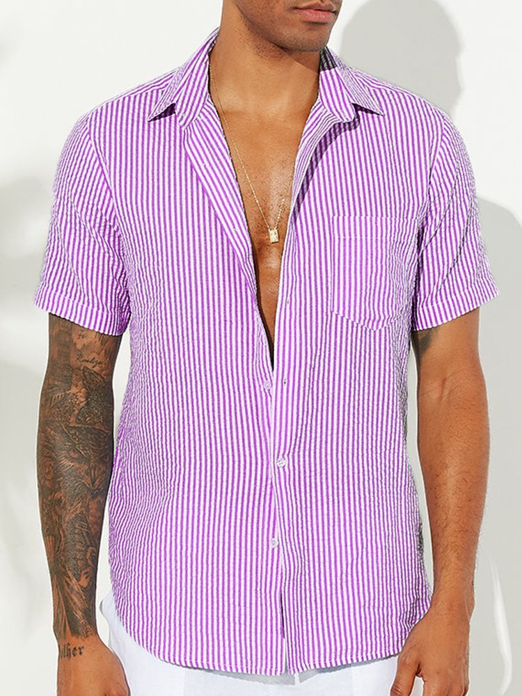 Men's Wrinkle Free Seersucker Multicolor Striped Shirts Plus Size Casual Shirts