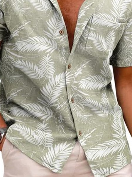 Men's Plain Cotton Linen Palm Leaf Loose Short Sleeve Shirt