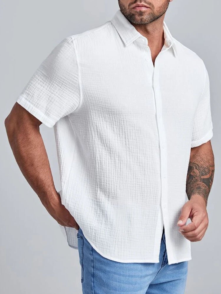 Men's Seersucker Wrinkle-Free Solid Color Casual Basic Short Sleeve Shirt