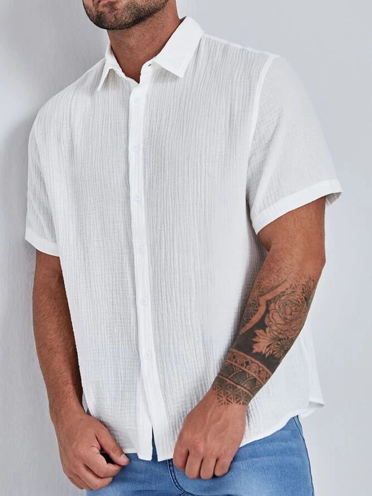 Men's Seersucker Wrinkle-Free Solid Color Casual Basic Short Sleeve Shirt