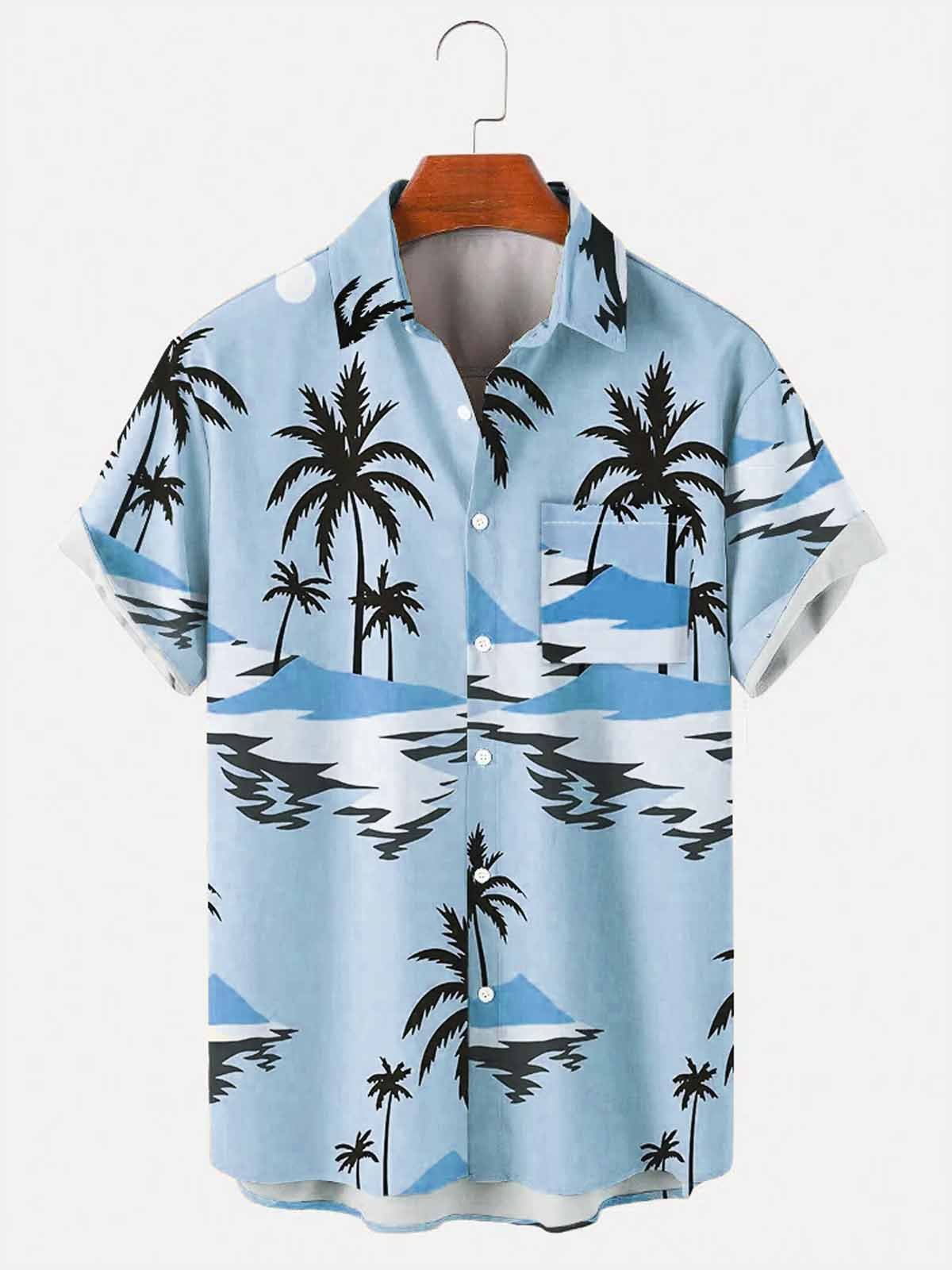 Men's Vintage Wrinkle Free Casual Shirts Beach Palms Sunset Seersucker Tops