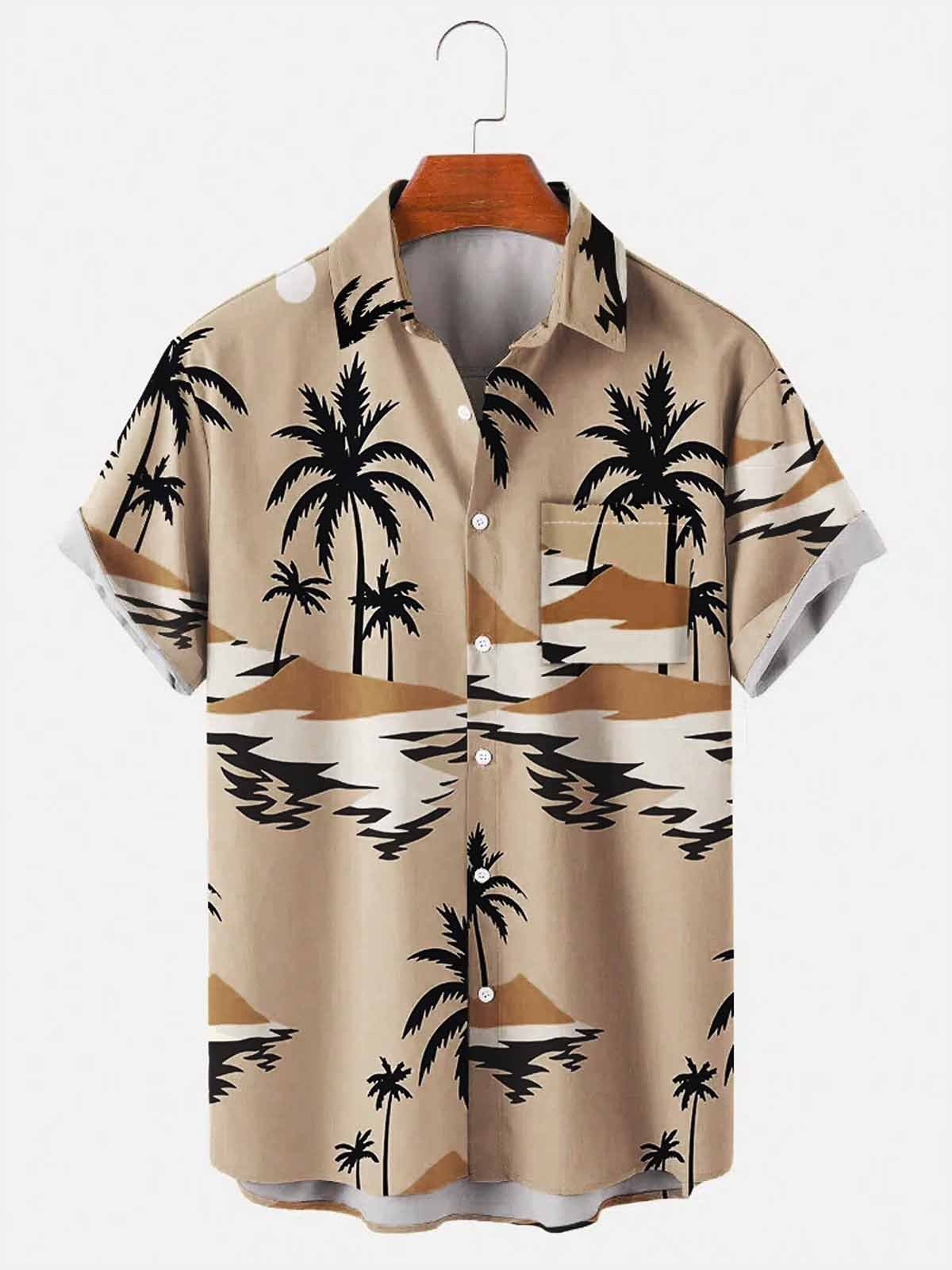 Men's Vintage Wrinkle Free Casual Shirts Beach Palms Sunset Seersucker Tops