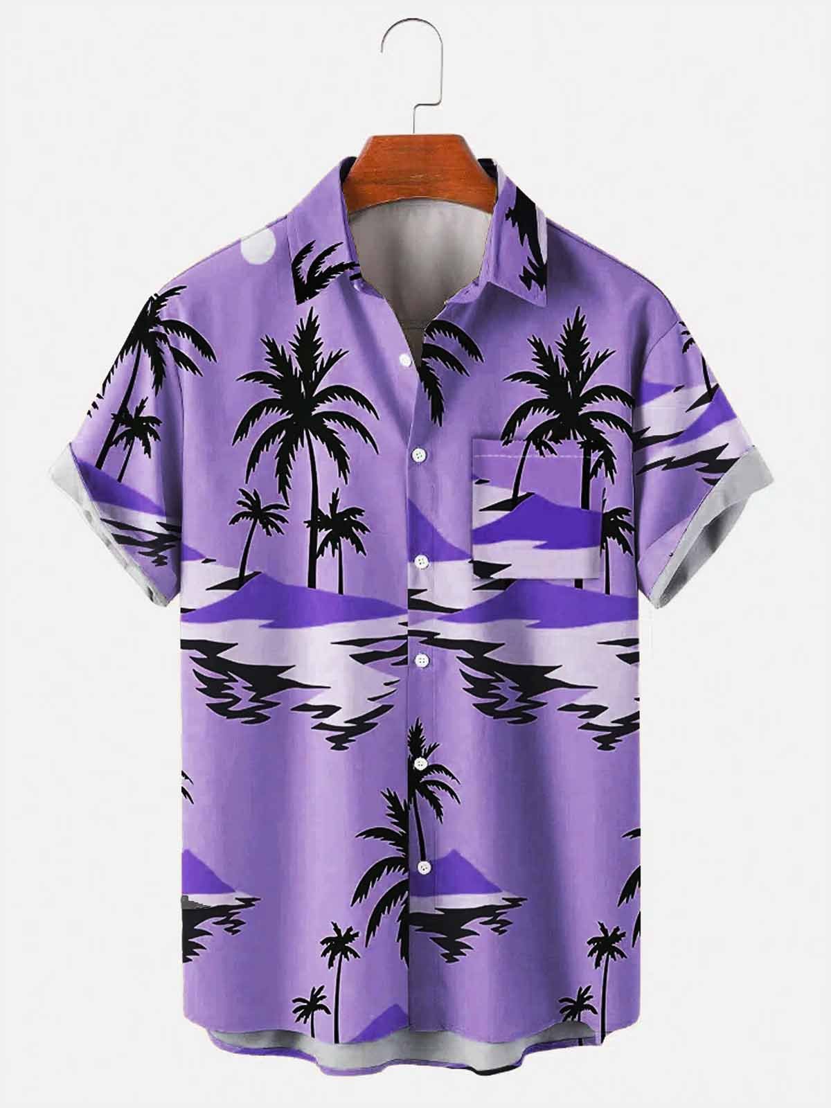 Men's Vintage Wrinkle Free Casual Shirts Beach Palms Sunset Seersucker Tops