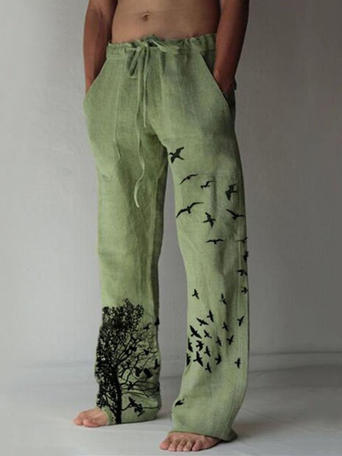 Men's Casual Cotton Linen Bird Print Drawstring Casual Trousers