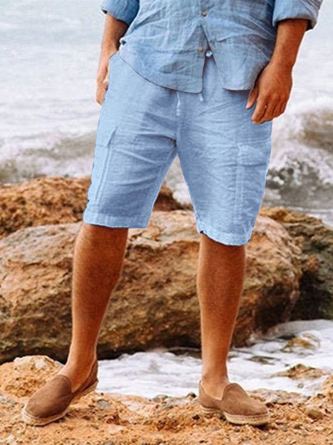 Men's Leisure Holiday Solid Color Cotton Linen Multi-Pocket Beach Cargo Shorts