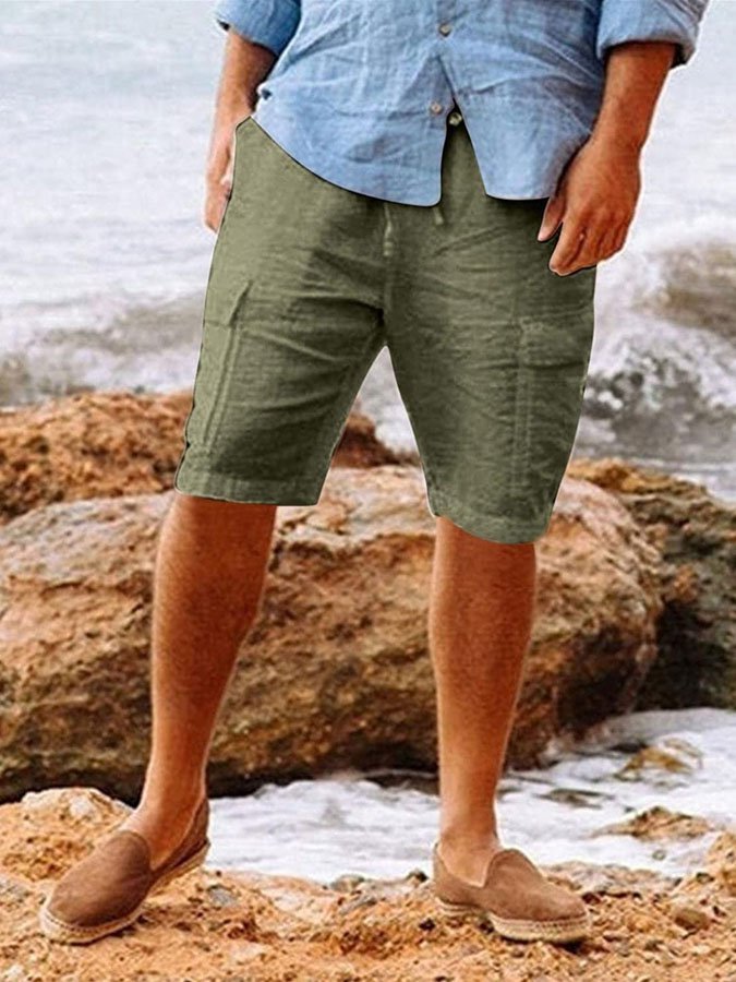 Men's Leisure Holiday Solid Color Cotton Linen Multi-Pocket Beach Cargo Shorts