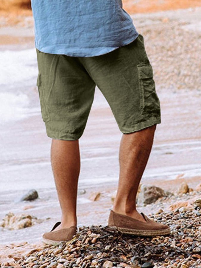 Men's Leisure Holiday Solid Color Cotton Linen Multi-Pocket Beach Cargo Shorts