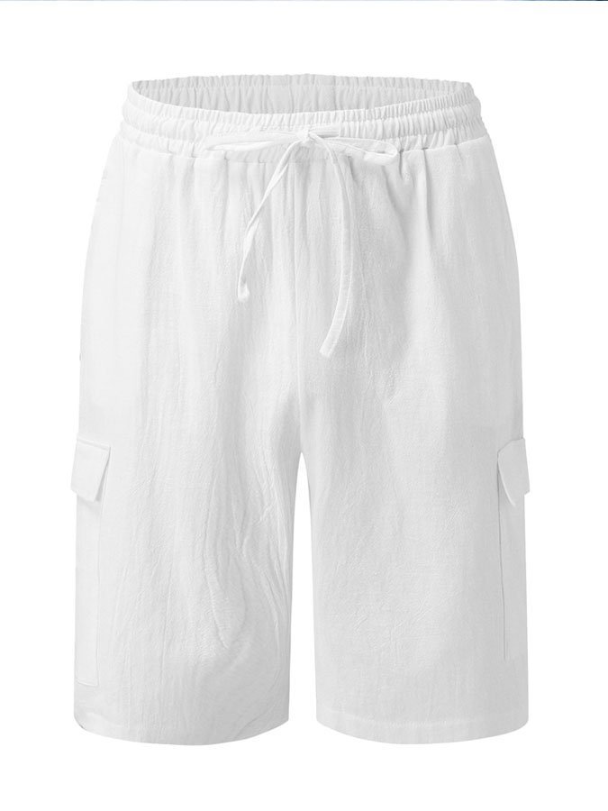 Men's Leisure Holiday Solid Color Cotton Linen Multi-Pocket Beach Cargo Shorts