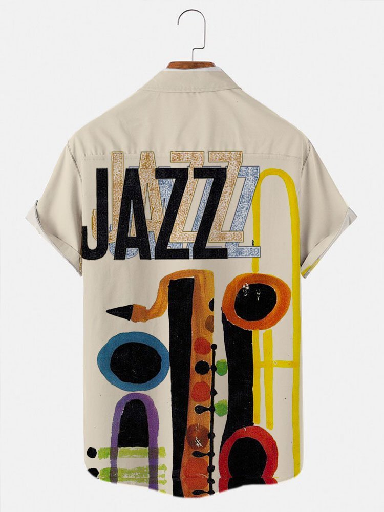 Men's Vintage Casual Shirts Beach Holiday Jazz Musical Instrument Wrinkle Free Tops