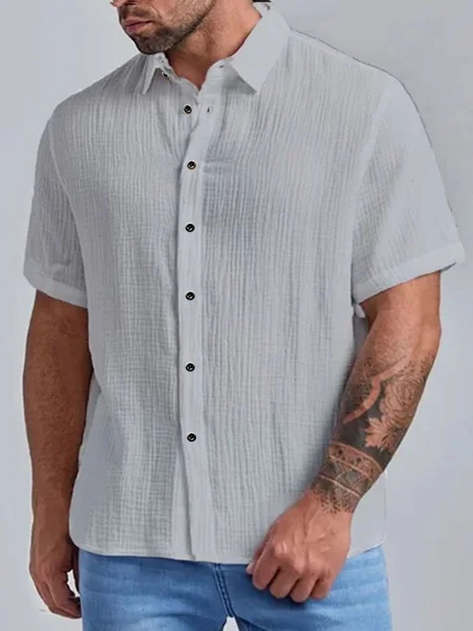 Men's Seersucker Wrinkle-Free Solid Color Casual Basic Short Sleeve Shirt