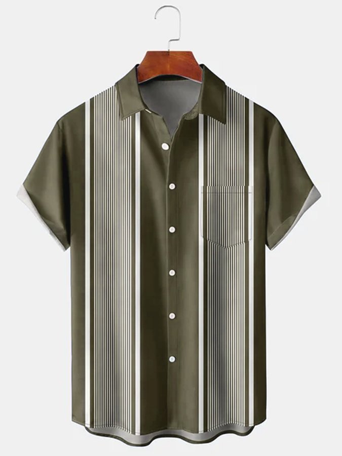 Mens Striped Cotton-Blend Casual Short Sleeve Shirts