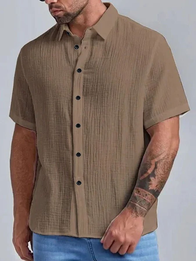 Men's Seersucker Wrinkle-Free Solid Color Casual Basic Short Sleeve Shirt