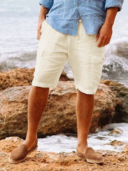 Men's Leisure Holiday Solid Color Cotton Linen Multi-Pocket Beach Cargo Shorts