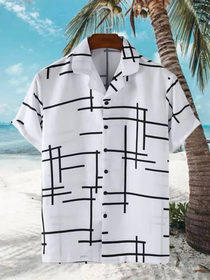 Men's shirt white cotton irregular lines plain loose thin short sleeves