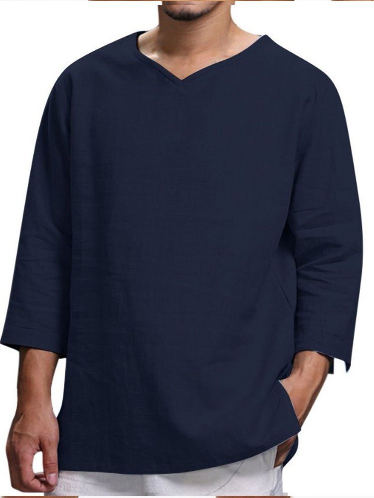 Men's Long Sleeve V-Neck Cotton Linen Loose Shirt