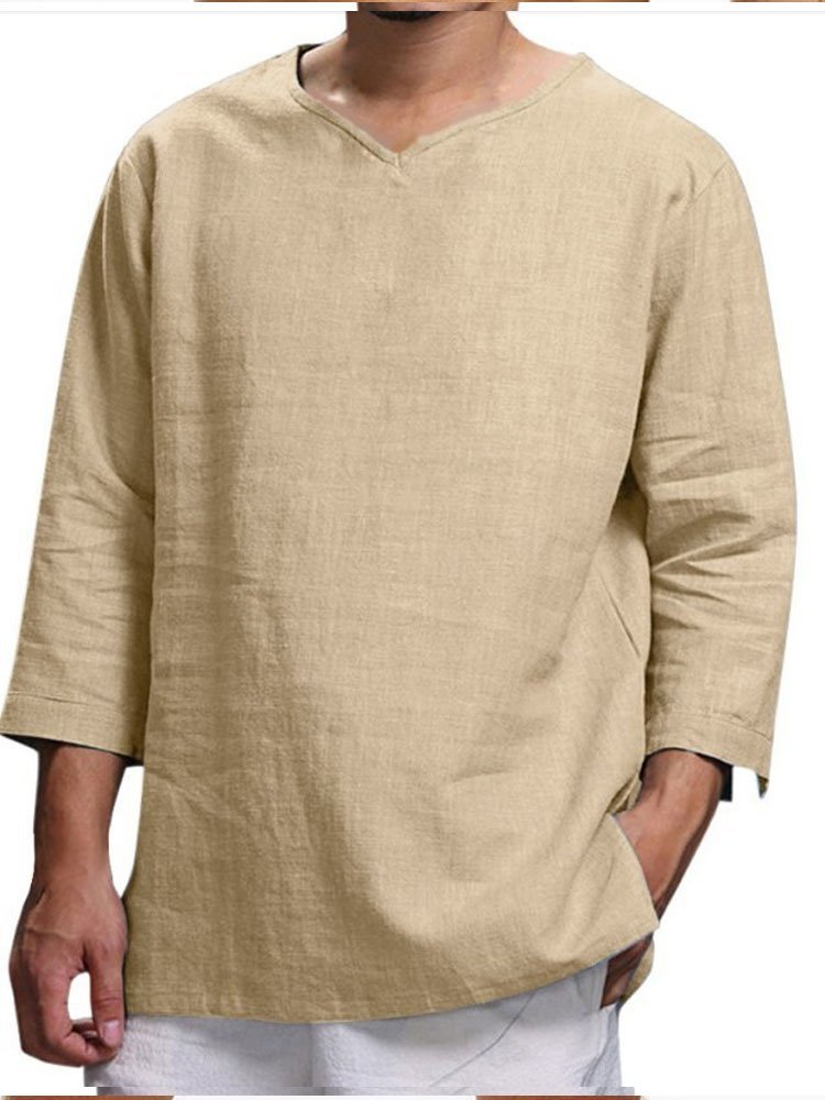 Men's Long Sleeve V-Neck Cotton Linen Loose Shirt