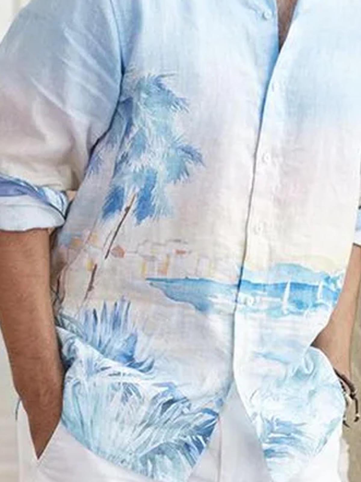 Light Blue Ombre/tie-Dye Holiday Series Printed Cotton-Blend Shirts & Tops