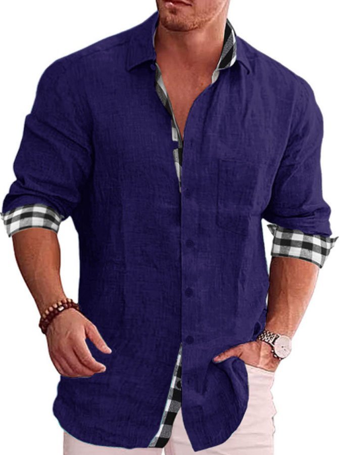 Men's Casual Simple Plaid Contrast Print Lapel Long Sleeve Shirt