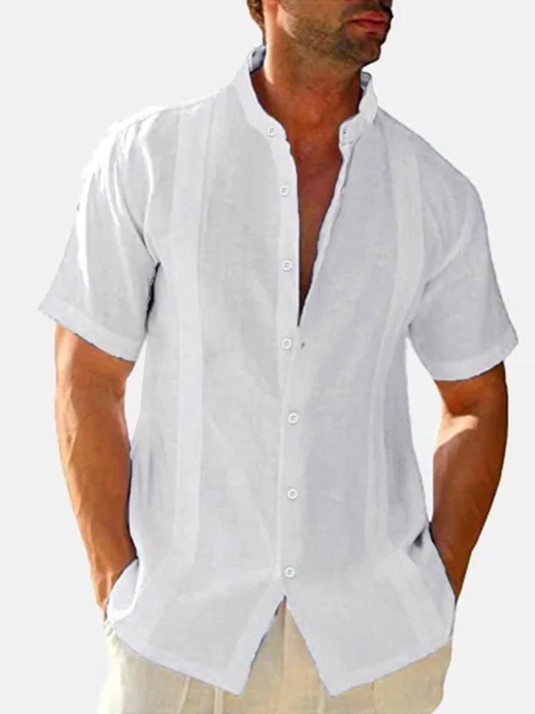 Cotton Linen Casual Stand Collar Short Sleeve Men's Shirt