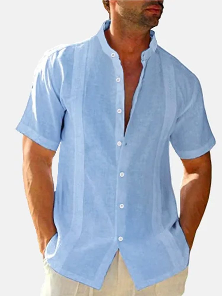 Cotton Linen Casual Stand Collar Short Sleeve Men's Shirt