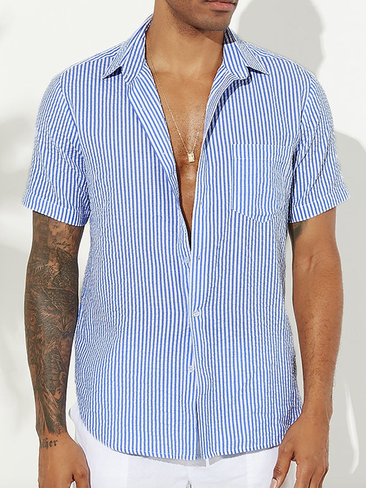 Men's Wrinkle Free Seersucker Multicolor Striped Shirts Plus Size Casual Shirts