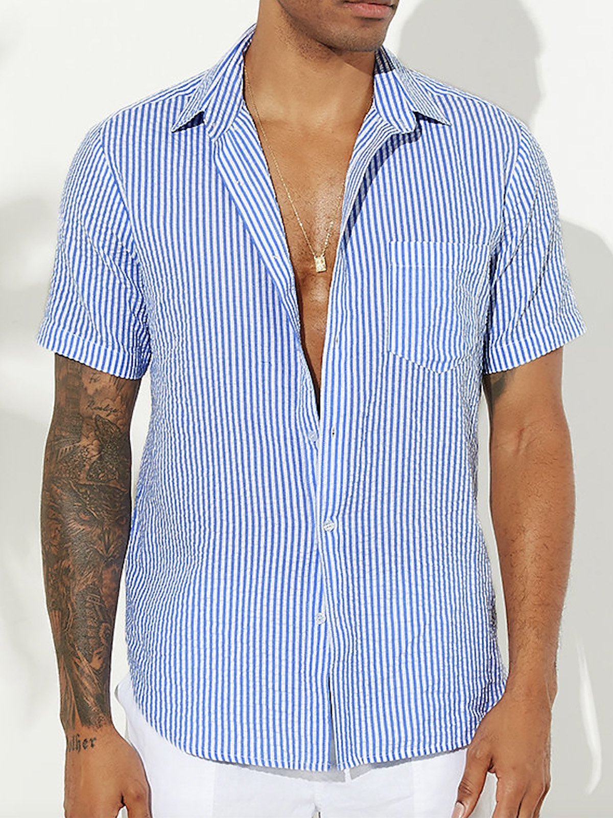 Men's Wrinkle Free Seersucker Multicolor Striped Shirts Plus Size Casual Shirts